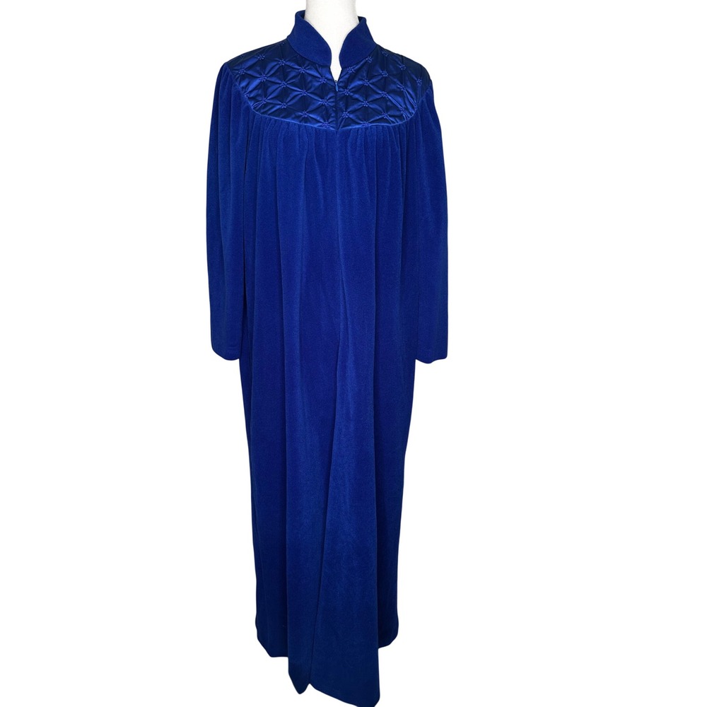 Vanity Fair Vintage Royal Blue Velour Robe Zip Front Quilted Smocked Yoke Large